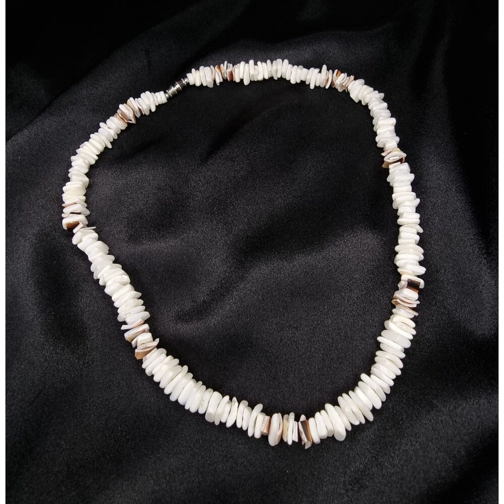 Vintage White & Brown Shell Bead Necklace With Natural Irregular Shapes & Metal